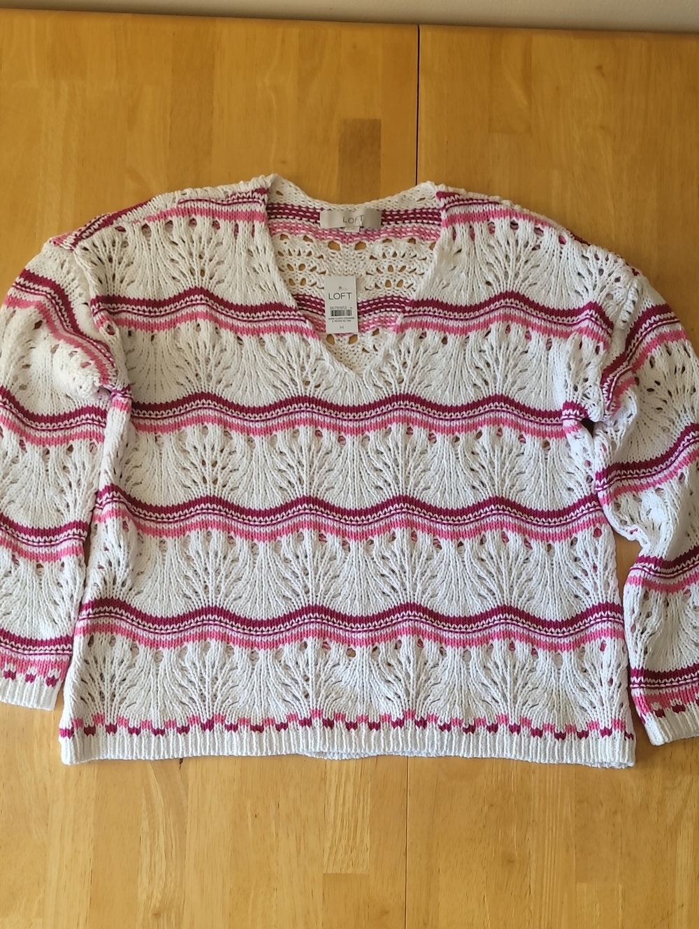 LOFT Cotton Blend Open Stitch V-Neck Sweater - Picture 2 of 10